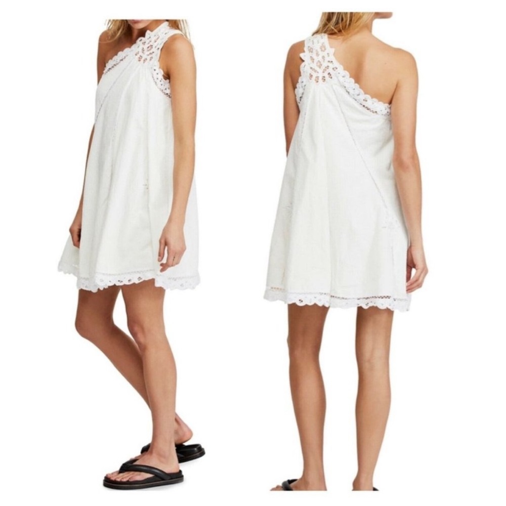 Free People Billie Battenburg One-shoulder Cotton Mini Dress White Medium